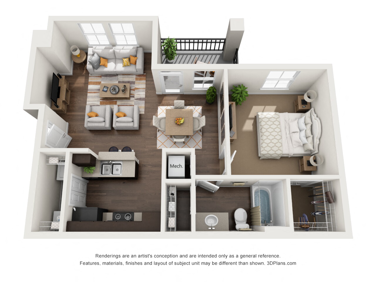 Floor plan for 1 bed, 1 bath, 708 sqft